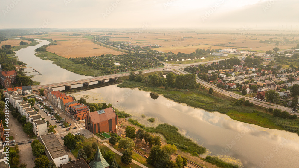 Malbork,Poland. Aerial photo from drone to Medieval Malbork ( Zamek w Maborku, Ordensburg Marienburg ),castle in Poland fortress of the Teutonic Knights at the Nogat river in sunset light.(Series