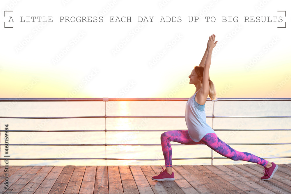 A Little Progress Each Day Adds Up To Big Results. Inspirational quote motivating to make small positive actions daily towards weighty effect. Text against view of woman doing yoga outdoors in morning