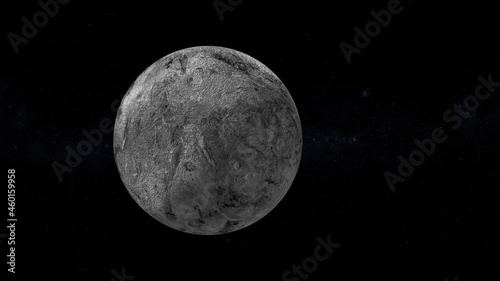 fictional Planet Haumea sun rise in dark background with stars. front view of Haumea planet from space.
