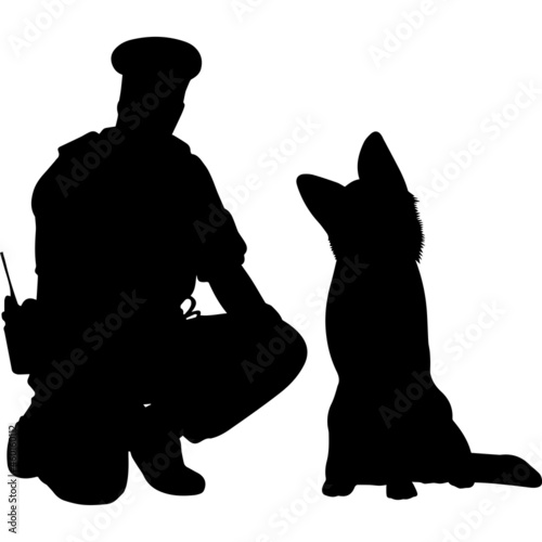 Police or Cop with German Shepherd Dog Silhouette Vector