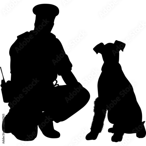 Police or Cop with Airedale Terrier Silhouette Vector