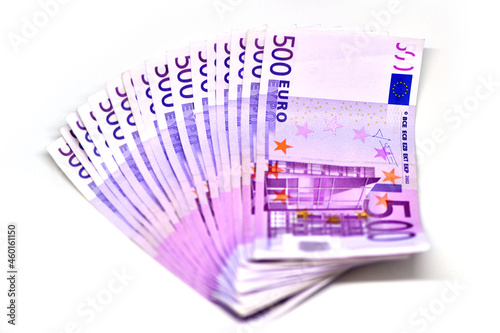 Stack of 500 Euro banknotes. European currency money banknotes. Salary, savings, european union economic crisis concept. making money with the Internet, working from home with an online business