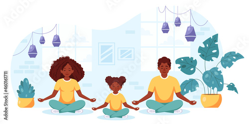 Black family doing yoga in cozy interior. Family spending time together. Vector illustration