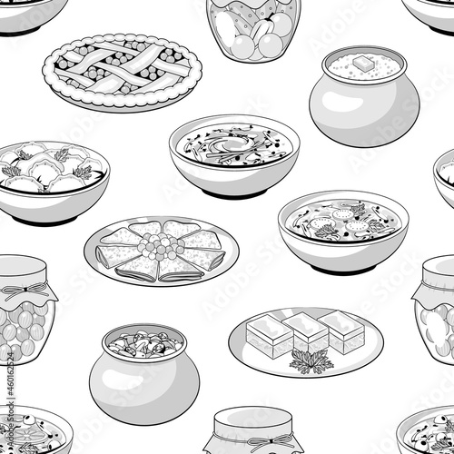 Seamless pattern from russian traditional meals. Vector illustration. Monochrome. Black and white. Cartoon style.