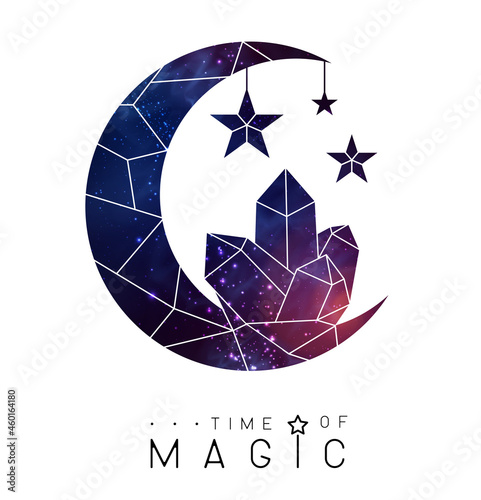 Modern magic witchcraft card with crescent and crystal . Magic crescent with Crystal  with space background inside. Vector illustration