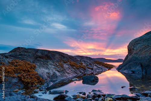 Sunset over sea in west Norway. Norwegian coast in Bergen.