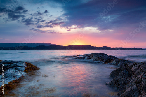 Sunset over sea in west Norway. Norwegian coast in Bergen.