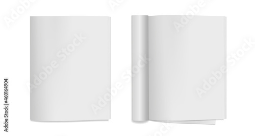 Vector realistic magazines with rolled page and soft cover. Open and closed. Blank Magazine, catalog or brochure on white background. Mockup. front view. EPS10. 