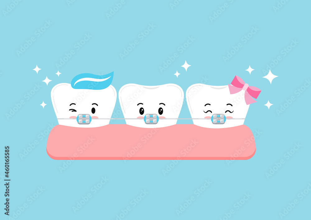 Tooth with dental braces in gym cute character. Dental braces on emoji white tooth orthodontic bracket correction treatment concept. Vector flat design kawaii style kid dentistry mascot illustration. Tooth with dental braces in gym cute character. Dental braces on emoji white tooth orthodontic bracket correction treatment concept. Vector flat design kawaii style kid dentistry mascot illustration.