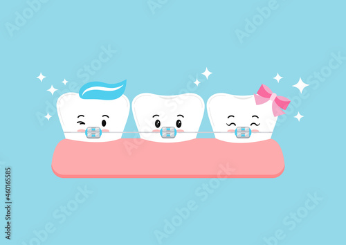 Tooth with dental braces in gym cute character. Dental braces on emoji white tooth orthodontic bracket correction treatment concept. Vector flat design kawaii style kid dentistry mascot illustration.