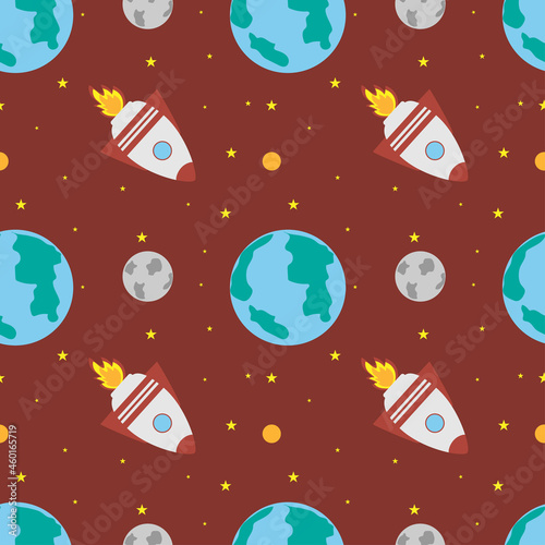A space rocket flies near the earth and the moon on a red background.