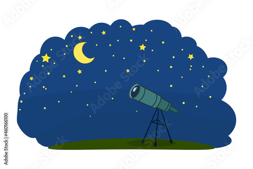 Telescope with night sky. Telescope for science discovery, watching stars and planets in outer space.Cartoon landscape with telescope on tripod over nighttime starry sky background.Vector illustration