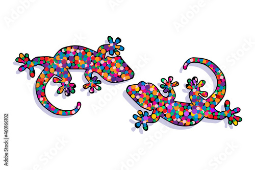 Two lizards isolated on white background. Decorative gecko lizard, iguana or salamander with multicolored pattern of dots.Colorful souvenir figurine or jewerly broosh design.Stock vector illustration
