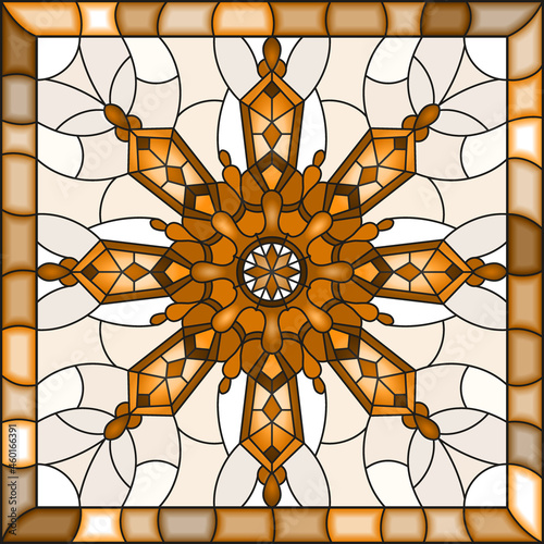 Illustration in stained glass style with snowflake in blue colors in a frame,monochrome,tone brown