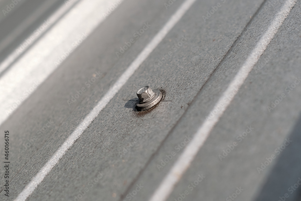 close up of a head of a slightly corroded and weathered hex head screw on a metallic-colored steel clad roof close up of a head of a slightly corroded and weathered hex head screw on a metallic-colored steel clad roof