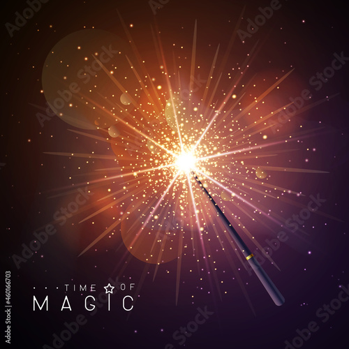 Magic wand with golden neon glowing star. Vector illustration