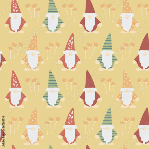 Green, orange and red gnomes pattern repeat in yellow background print design. Vector illustration. Fall kids projects, autumn designs and home decor projects. Surface pattern design.