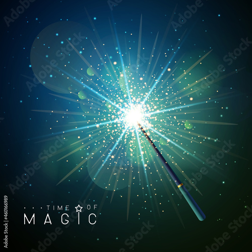 Magic wand with blue neon glowing star. Vector illustration