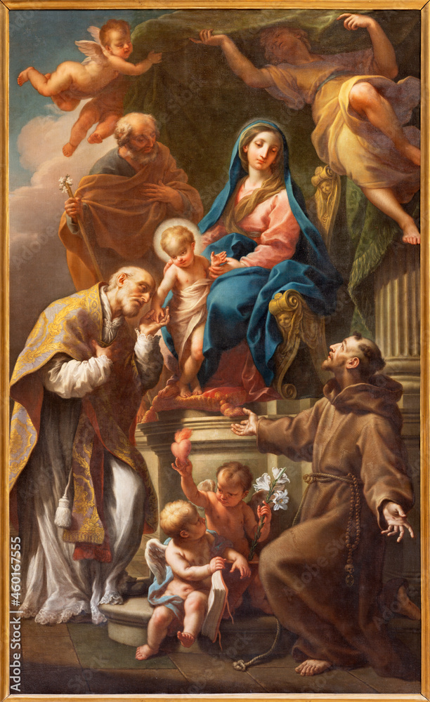 ROME, ITALY - AUGUST 31, 2021: The painting of Holy Family with St. Francis of Assisi and Augustine in the church Santa Maria in Monticelli by Sebastiano Conca (1859).