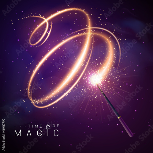 Magic wand with golden neon glowing shiny spiral trail. Vector illustration