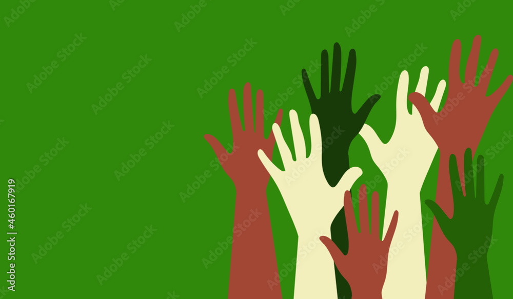 Fototapeta premium Hands of people with different skin colors, different nationalities and religions. Community activists, feminists are fighting for equality. Green background. Vector.
