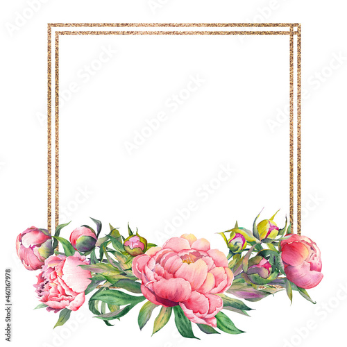 Gold frame with pink peony flowers, buds and leaves. Watercolor illustration isolated on white background.