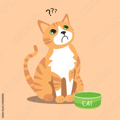 Vector illustration depicting a ginger tabby cat with a white breast. Domestic pet, kitten sits near an empty bowl. Hungry cat. Cute kitty on beige background in flat style