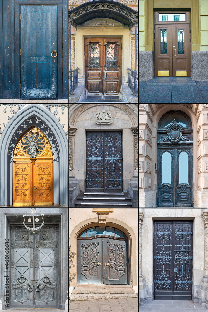 Fototapeta premium nine wooden doors with beautiful decorative finishing in the historical part of different cities of the world