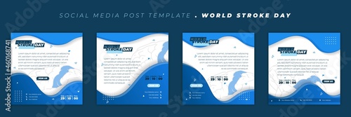 Set of social media post template with Blue background and transparent of brain line art design. World Stroke Day template design.