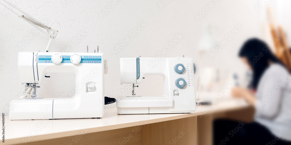 Background banner workplace for tailor, set sewing machines for clothes Background banner workplace for tailor, set sewing machines for clothes