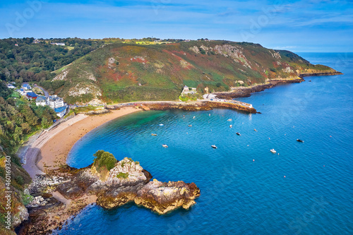 Aerial drone view of Bouley Bay in the sunshine. Jersey, Channel Islands