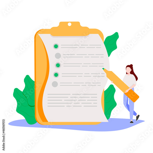 Woman with pencil filling in paper form or asking questions in questionnaire. Concept of public survey, customer review, rating or score, consumer's opinion, market research. Flat vector illustration