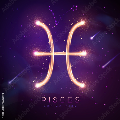 Modern magic witchcraft card with astrology glittering golden Pisces zodiac sign on outer space background