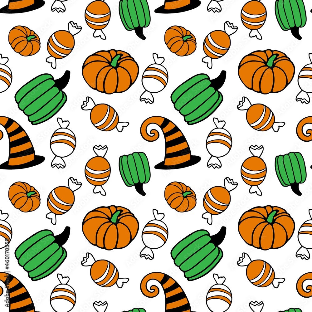 Childish Halloween Seamless pattern with candy, witch hat, pumpkins. Funny Happy Halloween cartoon vector repeated Illustration on blue background for celebratory textile, wrapping paper, wallpaper. Childish Halloween Seamless pattern with candy, witch hat, pumpkins. Funny Happy Halloween cartoon vector repeated Illustration on blue background for celebratory textile, wrapping paper, wallpaper.