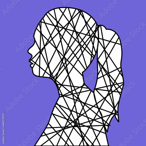 Silhouette of a female head with line inside. Chaotic thought process, confusion, personality disorder, problem of choice, depression, anxiety and mental disorders concept. Vector illustration. Eps 10