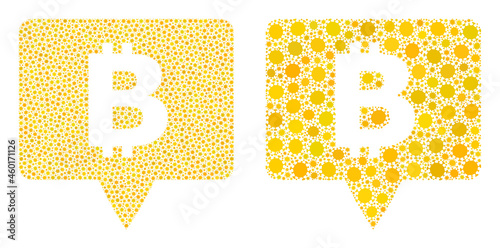 Vector covid mosaic bitcoin banner organized for pharmacy illustrations. Mosaic bitcoin banner is based on icon and it is constructed with biohazard coronavirus viral icons.