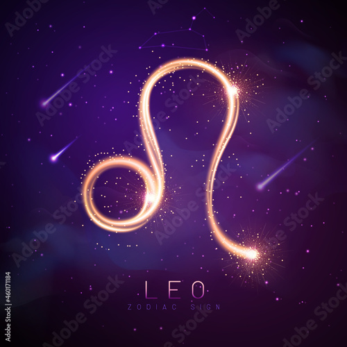 Modern magic witchcraft card with astrology glittering golden Leo zodiac sign on outer space background