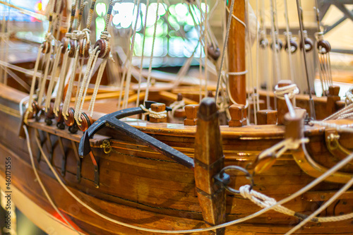 Details of a quality model of an old sailing ship made of wood