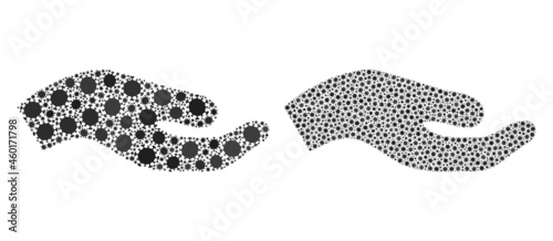 Vector coronavirus mosaic asking hand done for medicare advertisement. Mosaic asking hand is based on icon and it is made with biological hazard coronavirus infection parts.