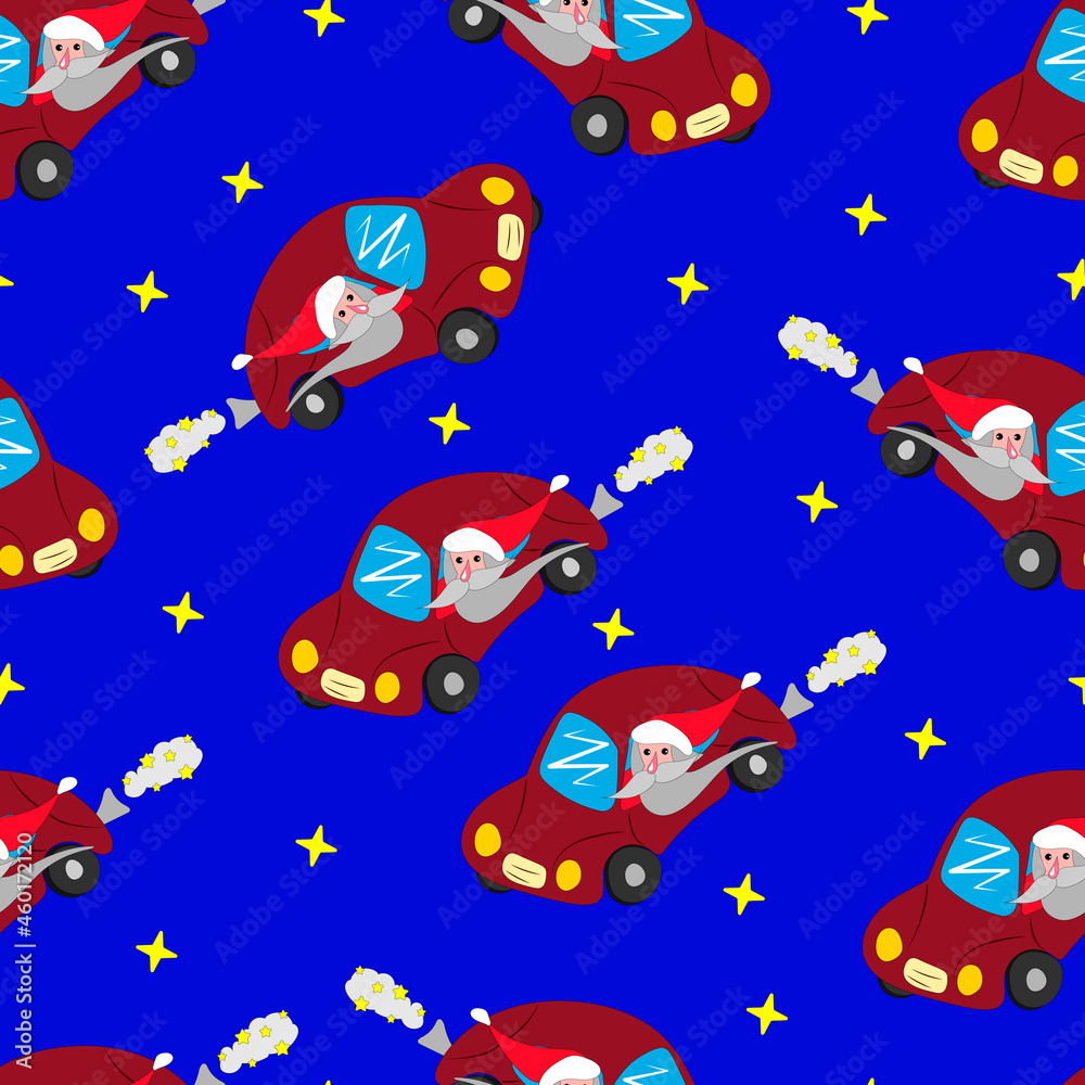 vector pattern Santa Claus flies across the night sky on the moon in a red car among the stars. Merry Christmas