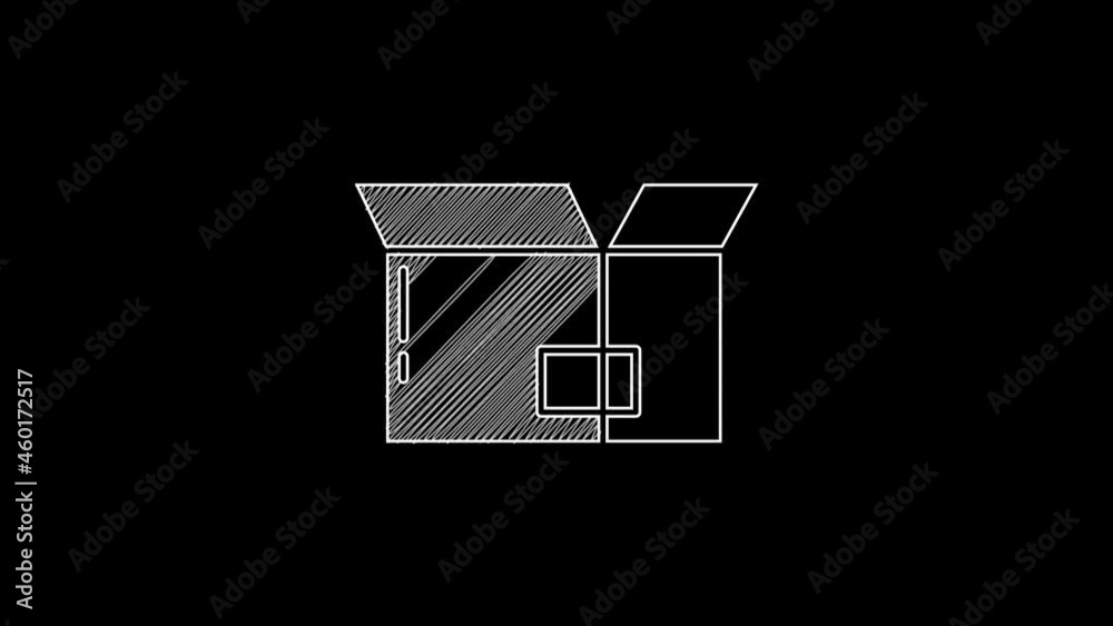 White line Carton cardboard box icon isolated on black background. Box, package, parcel sign. Delivery and packaging. 4K Video motion graphic animation White line Carton cardboard box icon isolated on black background. Box, package, parcel sign. Delivery and packaging. 4K Video motion graphic animation
