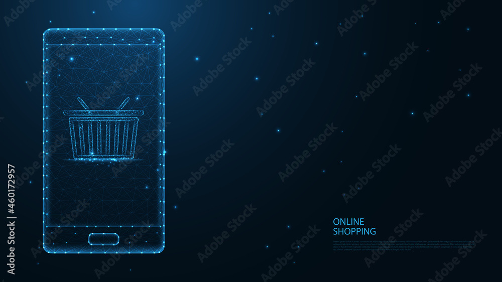 Online shopping. Mobile phone, shopping cart line connection. Low poly wireframe design. Abstract geometric background. vector illustration.