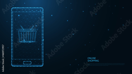 Online shopping. Mobile phone, shopping cart line connection. Low poly wireframe design. Abstract geometric background. vector illustration.
