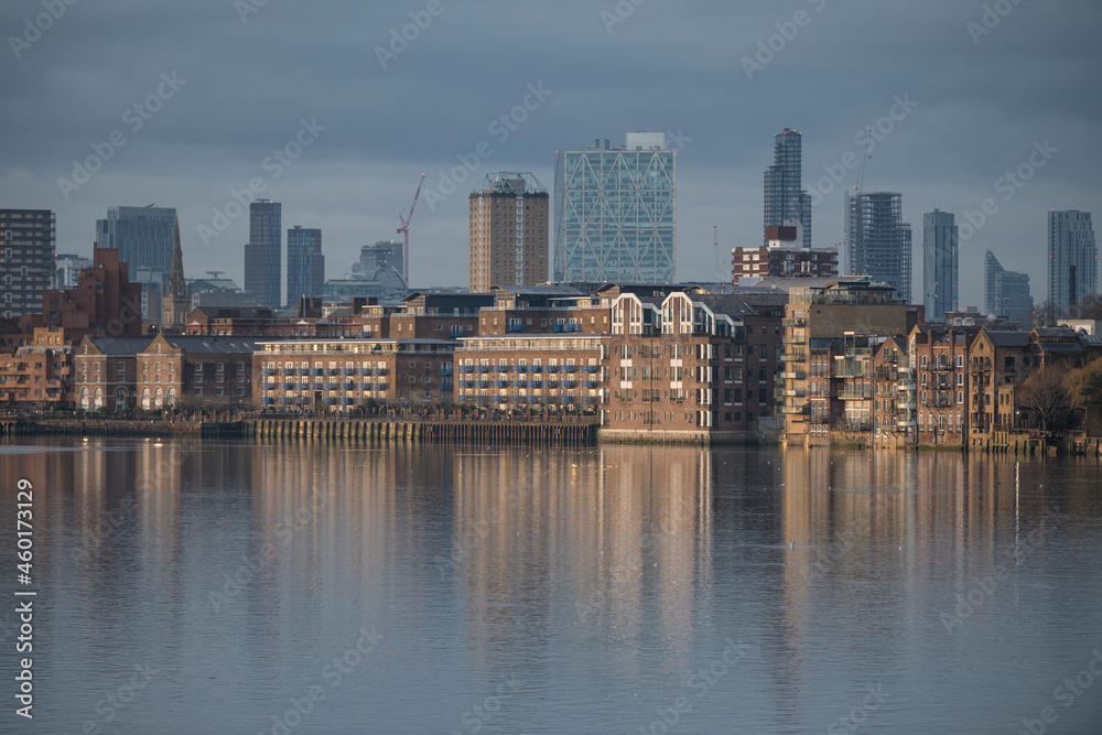 UK, London, Limehouse buildings seen across River Thames