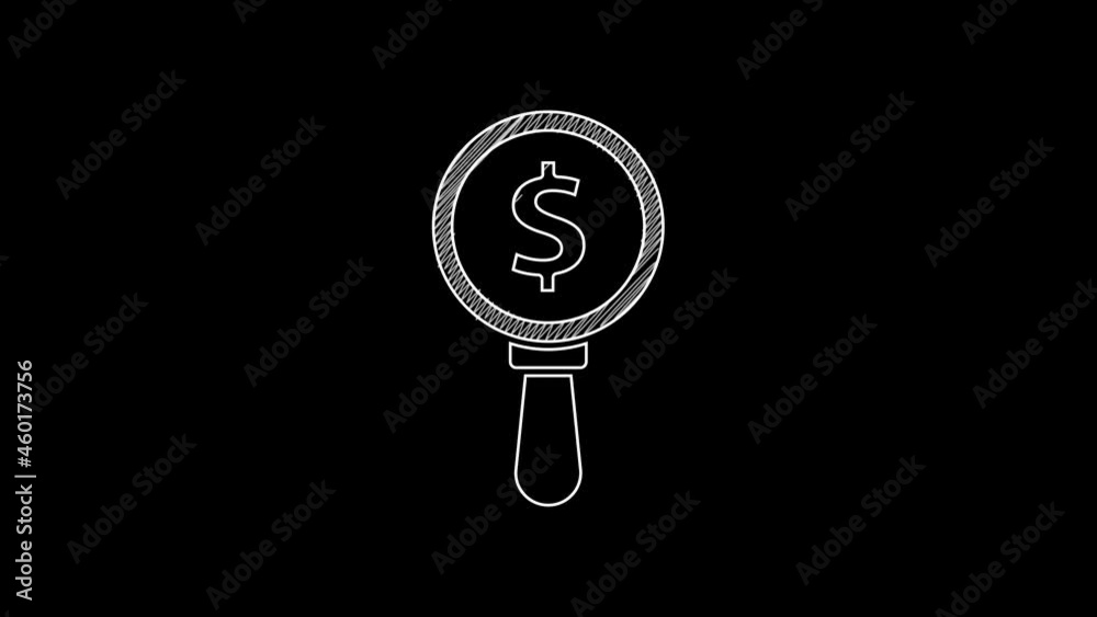 White line Magnifying glass and dollar symbol icon isolated on black background. Find money. Looking for money. 4K Video motion graphic animation White line Magnifying glass and dollar symbol icon isolated on black background. Find money. Looking for money. 4K Video motion graphic animation