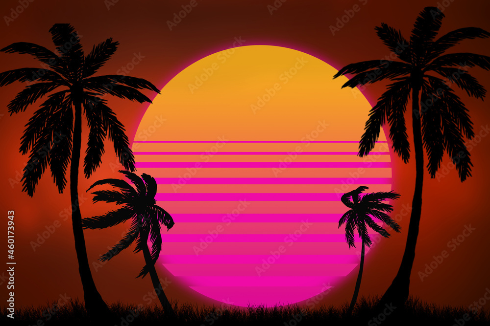 silhouettes of palm trees and grass against the background of the evening sun in the sky