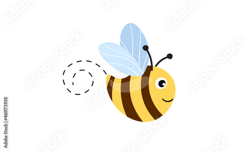 Cartoon bee mascot. A small bees flying on a dotted route. Wasp collection. Vector characters. Incest icon. Template design for invitation  cards. Doodle style