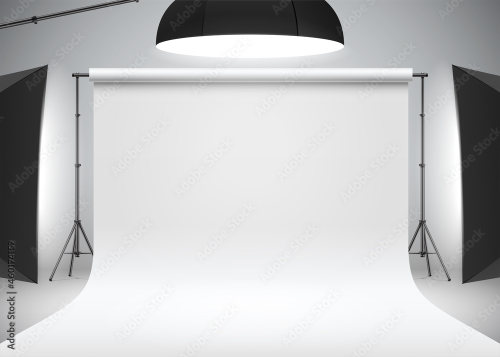 Photo studio white backdrop lit with side and head softboxes