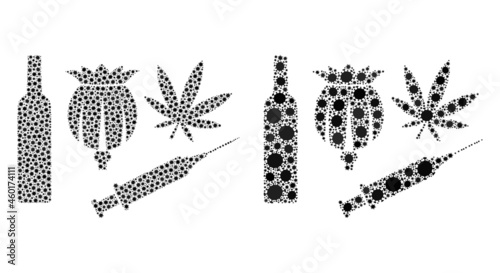 Vector coronavirus collage addiction drugs designed for lockdown projects. Mosaic addiction drugs is based on icon and it is created of biohazard coronavirus viral icons.