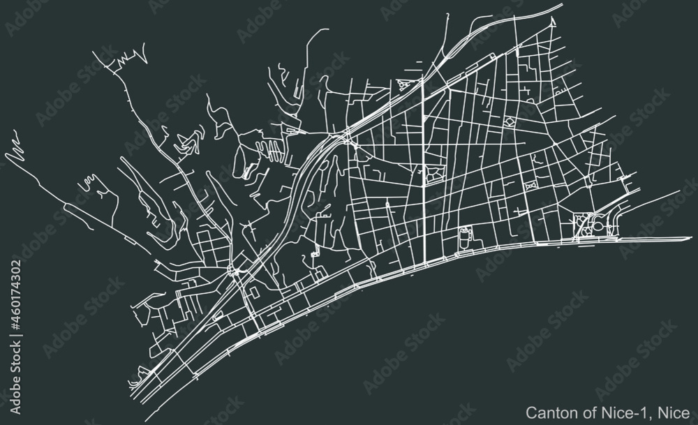 Detailed negative navigation urban street roads map on dark gray background of the quarter Canton of Nice-1 district of the French regional capital city of Nice, France